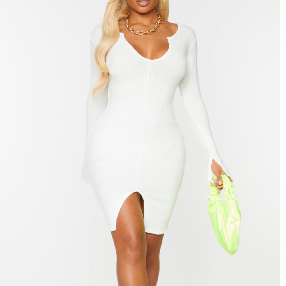 PrettyLittleThing Cream Brushed Rib Split Sleeve Mini Dress Size US4 NWT